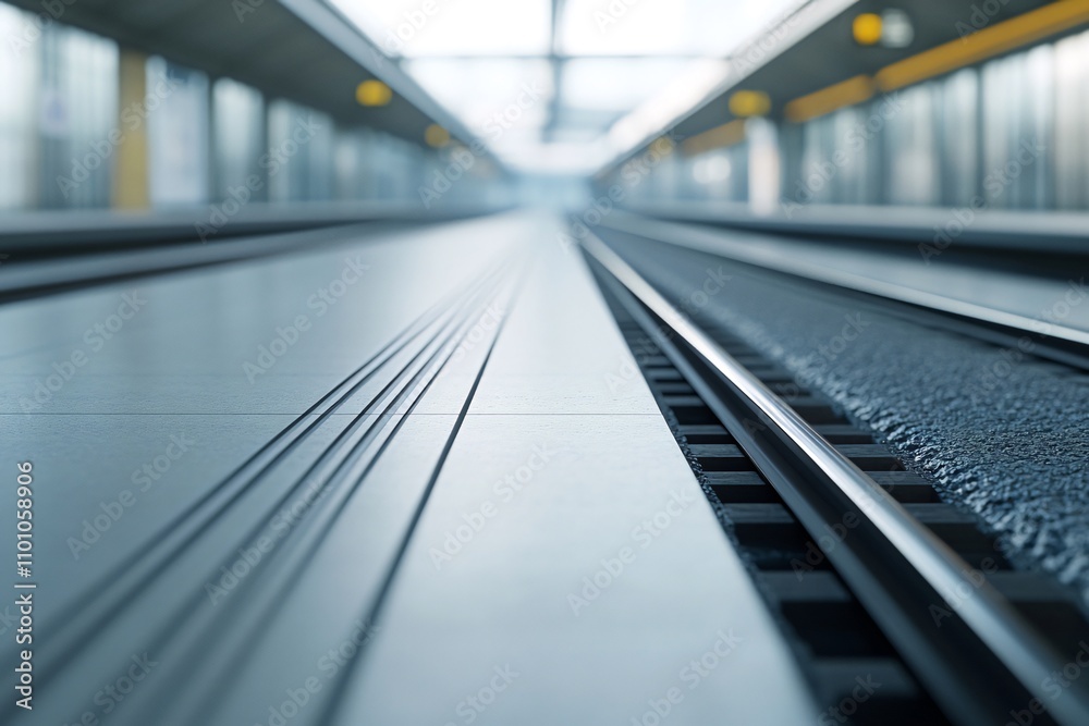 Fototapeta premium Modern train platform perspective, clean lines, steel rails, vanishing point. Generative ai