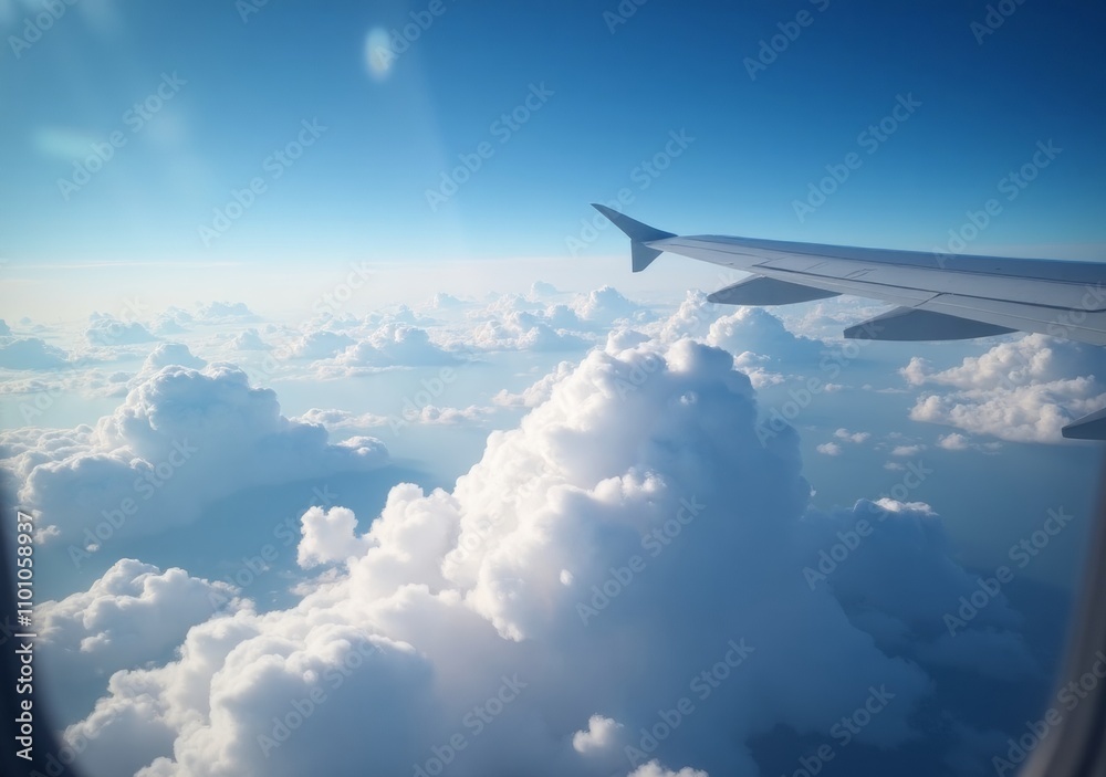 Obraz premium View of clouds from an airplane wing during a daytime flight over the sky