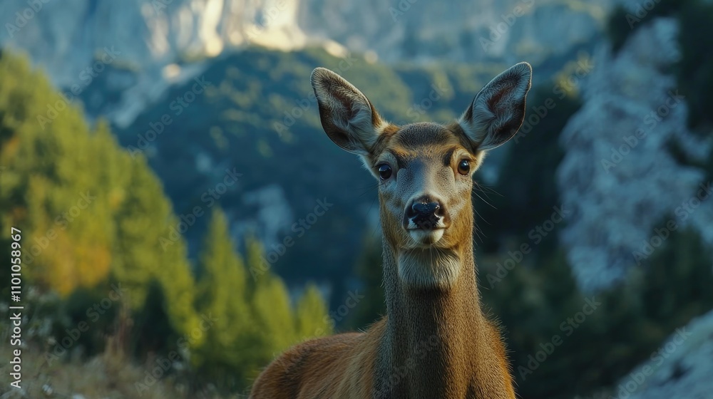 Obraz premium Majestic deer standing gracefully in a mountainous landscape, showcasing its untamed beauty amidst lush greenery and rugged mountainous terrain.