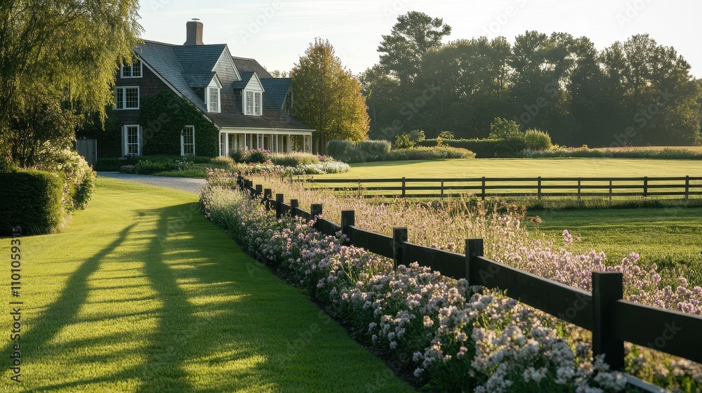 Fototapeta premium Serene Country Estate with Lush Landscaping and Picturesque Scenery