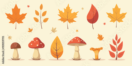 set of Cute autumn leaves and mushrooms. Vector illustration of hand drawn seasonal objects isolated on white background. Hello autumn.