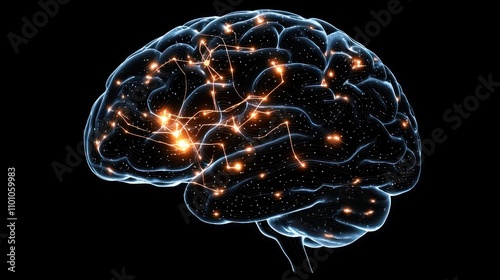 Diagram showing healthy brain functions, with areas of the brain glowing. photo