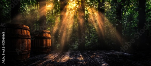Forest moonshine distillery with barrels illuminated by sunlight filtering through trees, showcasing the concept of illicit distillation in nature.