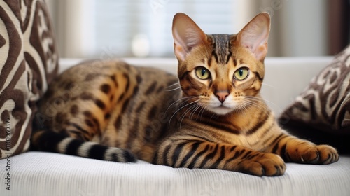 Wallpaper Mural Elegant Bengal cat lounging on a plush sofa with patterned cushions showcasing its striking coat and vivid green eyes. Torontodigital.ca