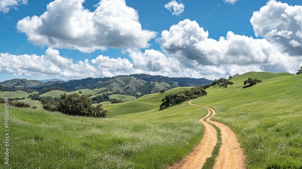 Scenic Pathway Winding Through Lush Green Hills Beneath a Bright Blue Sky Adorned with Fluffy White Clouds Scenic Pathway Winding Through Lush Green Hills Beneath a Bright Blue Sky Adorned with Fluffy White Clouds