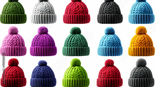 Colorful Knitted Winter Beanies with Pom-poms, Arranged in a Grid, Isolated on White Background