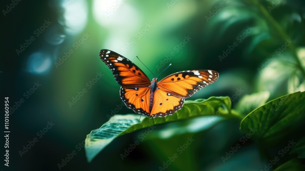 Obraz premium Tropical butterfly perched on a vibrant green leaf with blurred natural background ideal for nature-themed projects and text overlay