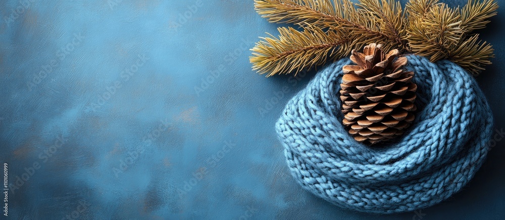 Naklejka premium Fir cone and wool scarf arrangement on blue background highlighting seasonal warmth and nature's beauty in cozy settings