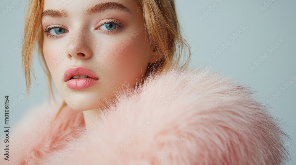 Portrait of a young woman with captivating features wearing a chic pink fur coat, showcasing soft makeup and a delicate expression. Portrait of a young woman with captivating features wearing a chic pink fur coat, showcasing soft makeup and a delicate expression.