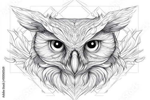 A detailed line art illustration of an owl's face, featuring intricate patterns and geometric shapes, highlighting its intense eyes and feathers. photo