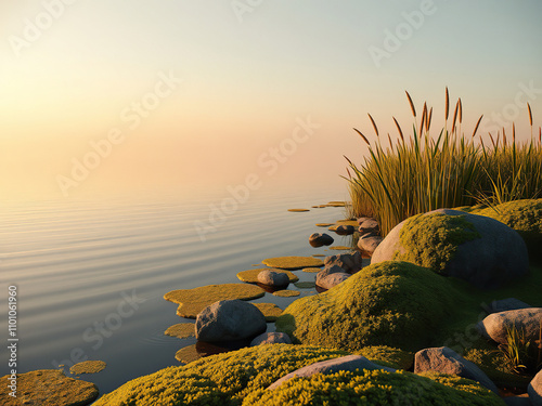 Hazy view of a lake shoreline with reeds and algae, algae, hazy, soft focus