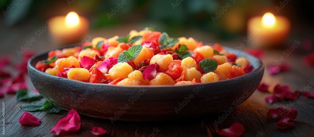 Festive Snack Platter with Fresh Fruits and Floral Decor Surrounded by Candlelight Creating a Warm Holiday Atmosphere Festive Snack Platter with Fresh Fruits and Floral Decor Surrounded by Candlelight Creating a Warm Holiday Atmosphere