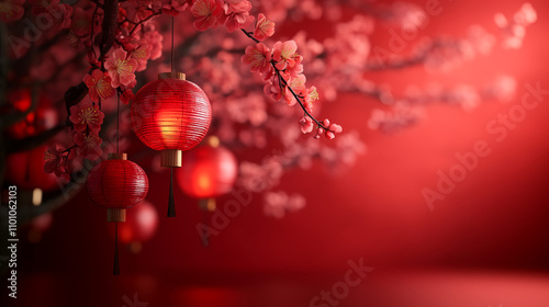 Red lanterns on blossoming branches for festive design. Ideal for Chinese New Year and spring celebrationthemed concepts and designs. Generated AI photo