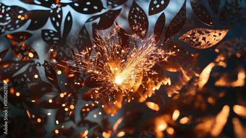 Sparks Illuminate Intricate Laser-Cut Metal Floral Design with Glowing Embers and Depth of Field Effects photo