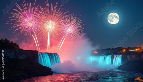 Spectacular Fireworks Bursting in a Rainbow of Colors Above a Majestic Waterfall Under a Full Moon photo