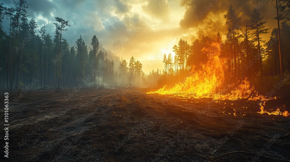 The illustration of a thriving forest juxtaposed with barren land highlights the consequences of human actions. The illustration of a thriving forest juxtaposed with barren land highlights the consequences of human actions.
