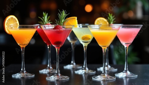 Martini Glasses With Vibrant Colored Drinks and Citrus Garnishes on a Sleek Black Table photo