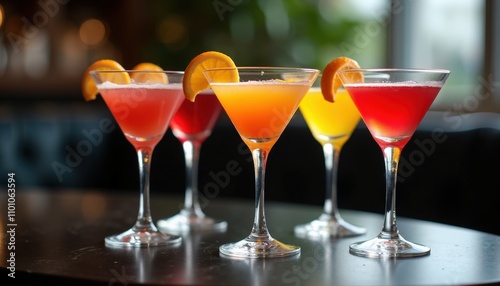 Martini Glasses With Vibrant Colored Drinks and Citrus Garnishes on a Sleek Black Table photo