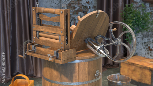 Vintage Wooden Apple Cider Press with Barrel photo