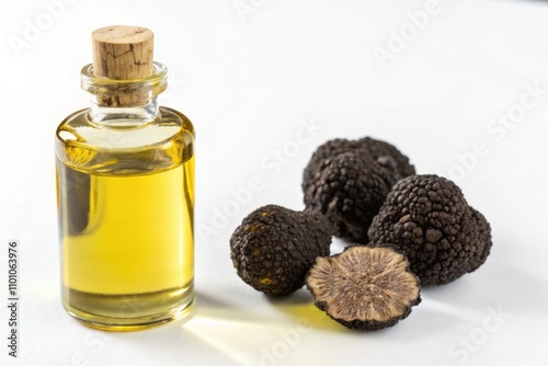 Small glass bottle of truffle oil next to black truffles on a white surface photo