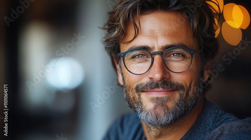 Cheerful portrait of a smiling man with glasses in a relaxed studio setting showcasing warmth and confidence photo