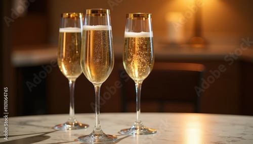 Luxurious Champagne Flutes With Golden Rims Posing Under Warm Lighting on a Marble Table photo