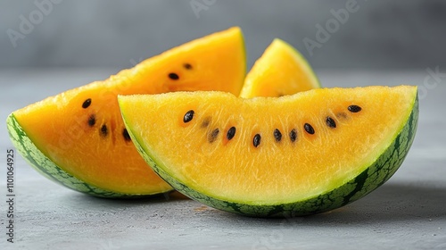 Vibrant yellow watermelon slices beautifully arranged on a neutral backdrop showcasing their unique color and texture. photo