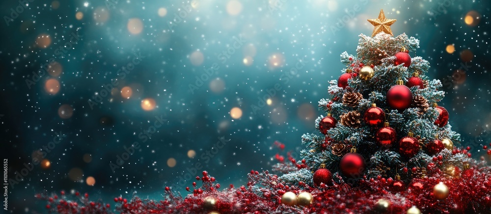 Fototapeta premium Christmas tree decorated with ornaments in a snowy background with space for your text and a festive atmosphere for holiday invitations.