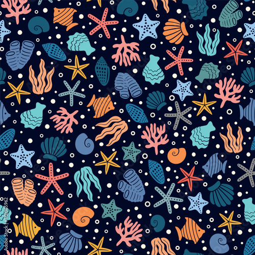 Underwater seamless pattern with multicolored coral polyps, mollusks, starfish, shell, clam, fish, oyster, and seaweed. Aquatic irregular mixed ornament. Groovy hand drawn ocean wildlife vector print