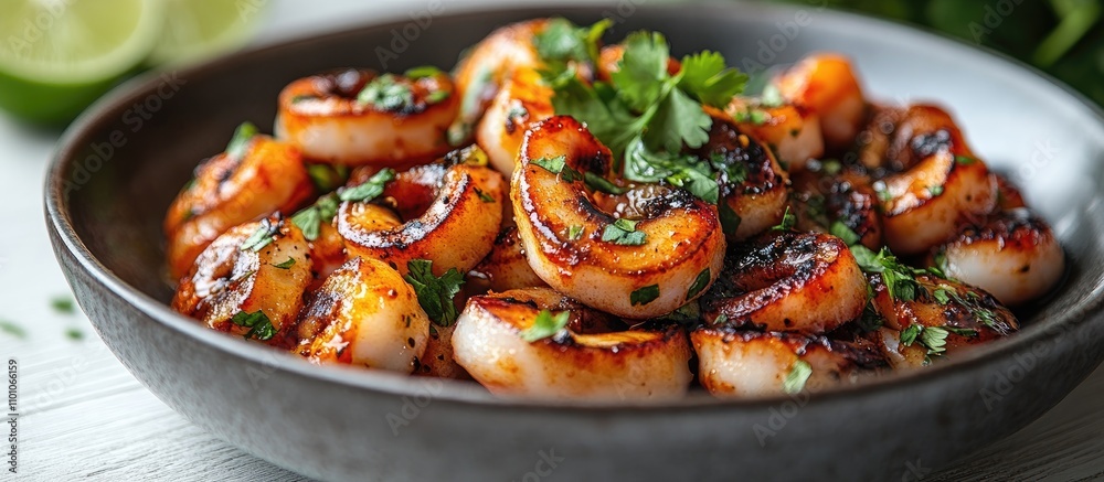 Grilled squid garnished with fresh herbs and seafood sauce served on a rustic table with lime slices for a delectable seafood dish