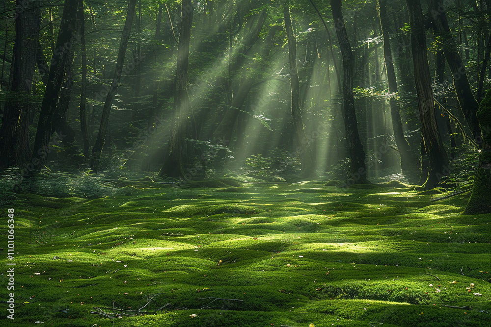 Fototapeta premium A serene green mossy forest with sunlight filtering through the dense canopy, casting a beautiful glow on the forest floor. Tranquil and enchanting.