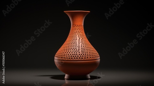 Terracotta vessel with rounded body slim neck flared edge and decorative perforated patterns highlighting pottery and cultural art aesthetics photo