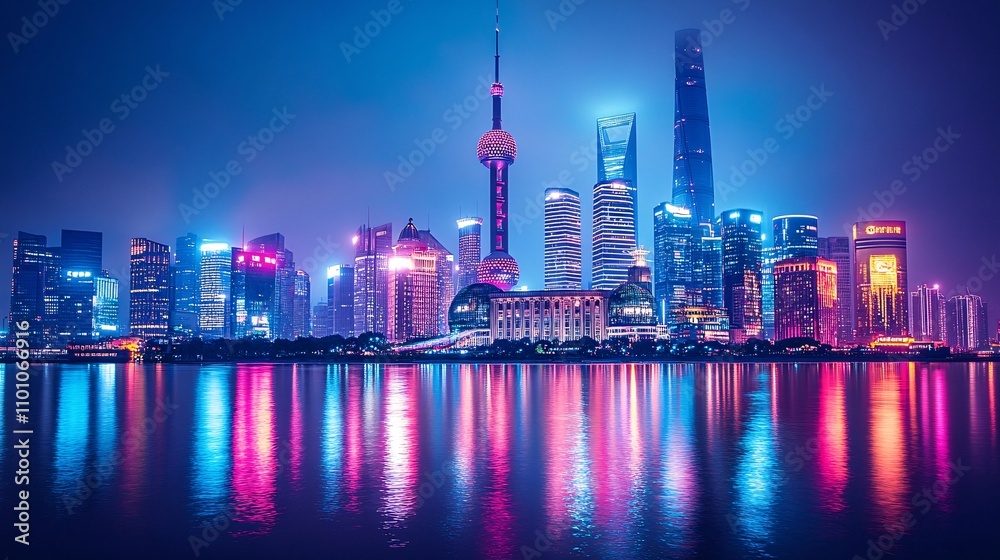 Obraz premium Vibrant night cityscape reflected in calm water. Generative ai