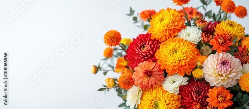 Autumn flower bouquet showcasing vibrant chrysanthemums in warm hues against a white background for seasonal decor and floral arrangements. photo