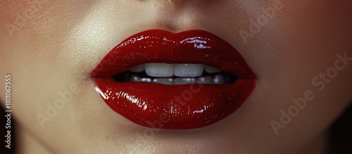 Close up of a female mouth with bold red glossy lips highlighting beauty and emotion in cosmetology and dental aesthetics photo