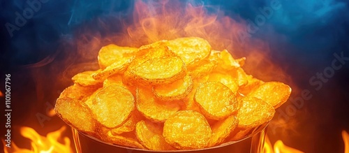 Air fryer filled with crispy potato chips showcasing modern healthy cooking technology in a vibrant kitchen setting photo