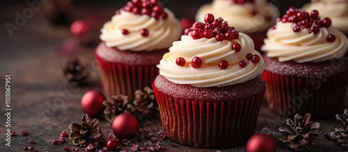 Obraz  z motywem Festive Christmas cupcakes with red berry toppings surrounded by holiday decorations for a joyful seasonal celebration