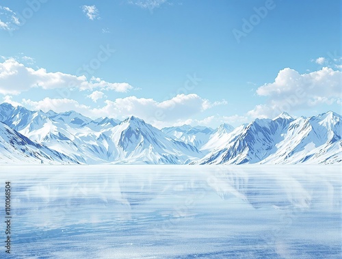 Panoramic view of a snow-covered mountain range with a frozen lake, cold weather, ice, winter wonderland