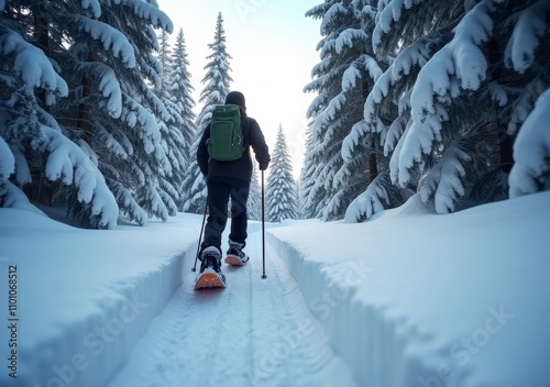 Snowshoer navigating a winter trail surrounded by snowy trees during daylight photo