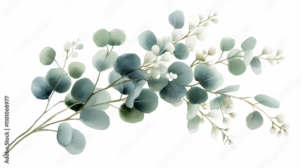 Obraz premium Watercolor Painting of Eucalyptus Branches with Delicate White Flowers on White Background