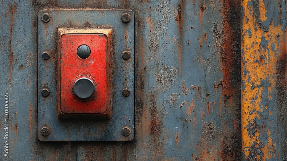 Rusty doorbell switch button affixed to a weathered concrete wall showcasing vintage design and industrial texture elements. Rusty doorbell switch button affixed to a weathered concrete wall showcasing vintage design and industrial texture elements.