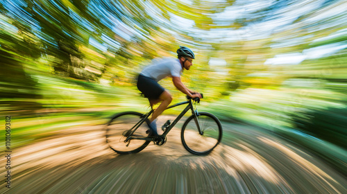 Mountain biker racing through a forest trail on a sunny day with trees in motion