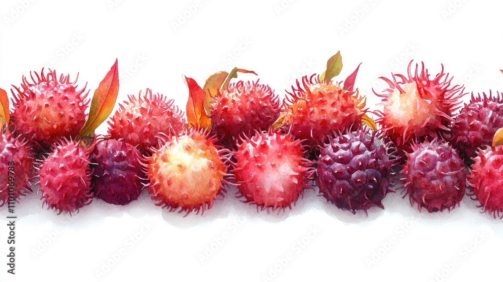 Colorful arrangement of fresh rambutans with spiky skin on a white background showcasing exotic tropical fruits. Colorful arrangement of fresh rambutans with spiky skin on a white background showcasing exotic tropical fruits.