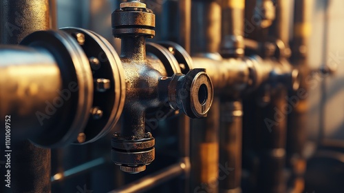 Steampunk-inspired backdrop showcasing intricate brass pipes with a blurred background, offering considerable copy space for creative use.