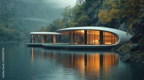 A futuristic hydropower station placed on a floating platform, generating clean energy from river currents in a lush environment.