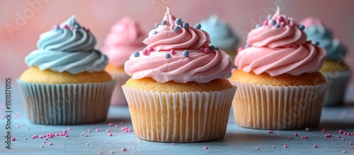 Colorful cupcakes with pastel icing and decorative sprinkles on a festive birthday backdrop for a joyful celebration theme. photo