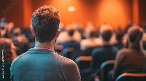 Speaker engaging with audience in warm, cozy setting, highlighting effective communication and connection through inviting lighting and attentive listeners.