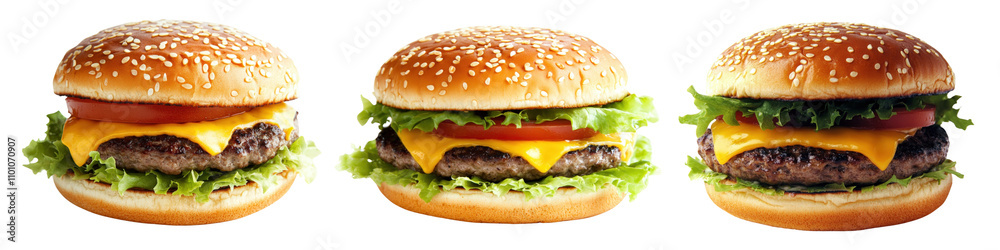 Set of cheeseburgers with fresh lettuce, tomato, and melted cheese on a sesame seed bun. Set of cheeseburgers with fresh lettuce, tomato, and melted cheese on a sesame seed bun.