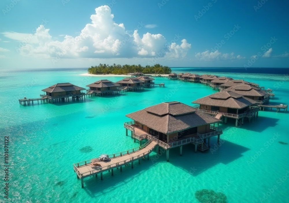 Overwater bungalows surrounded by turquoise waters in a tropical paradise Overwater bungalows surrounded by turquoise waters in a tropical paradise