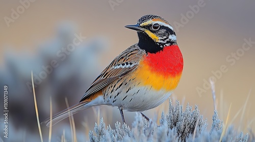 The long-tailed meadowlark is found among the tussock grass, showcasing its beautiful plumage and vibrant behavior in a remote setting. photo